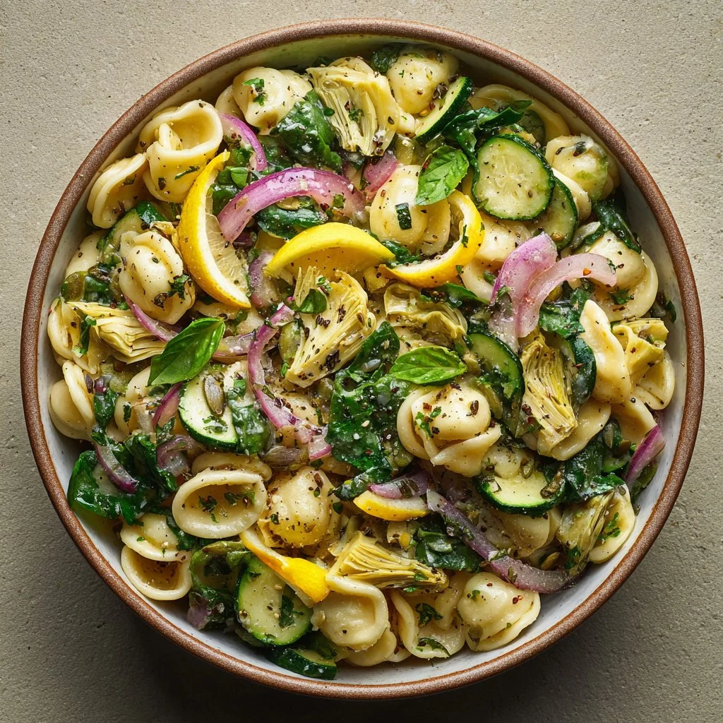 Delicious bowl of Lemon Basil Pasta Salad with fresh ingredients