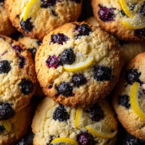 Freshly baked lemon blueberry cookies on a cooling rack