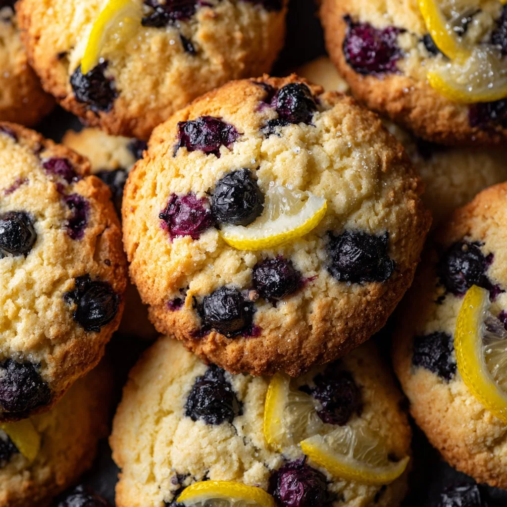 Freshly baked lemon blueberry cookies on a cooling rack