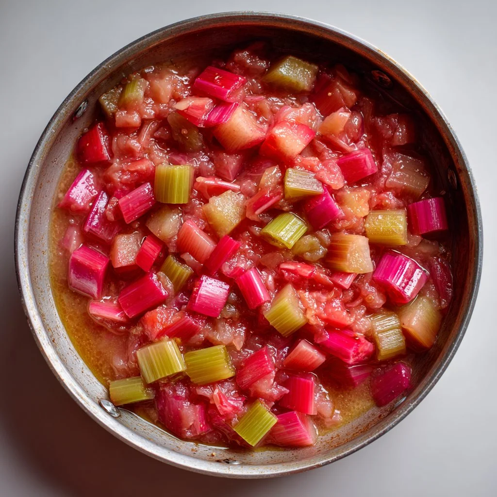 Lemon Honey Rhubarb Compote in a glass bowl, garnished with fresh lemon slices.