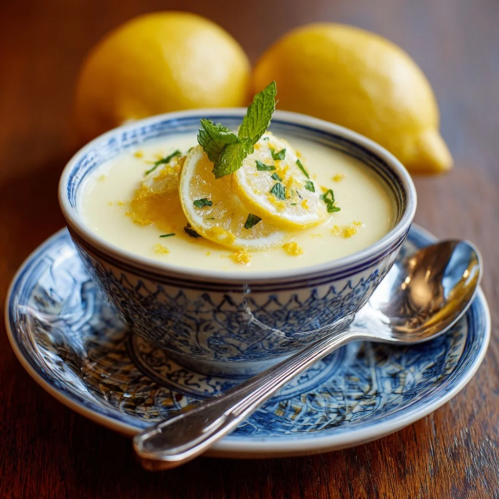 Delicious lemon posset dessert in a glass with lemon slices and mint leaves