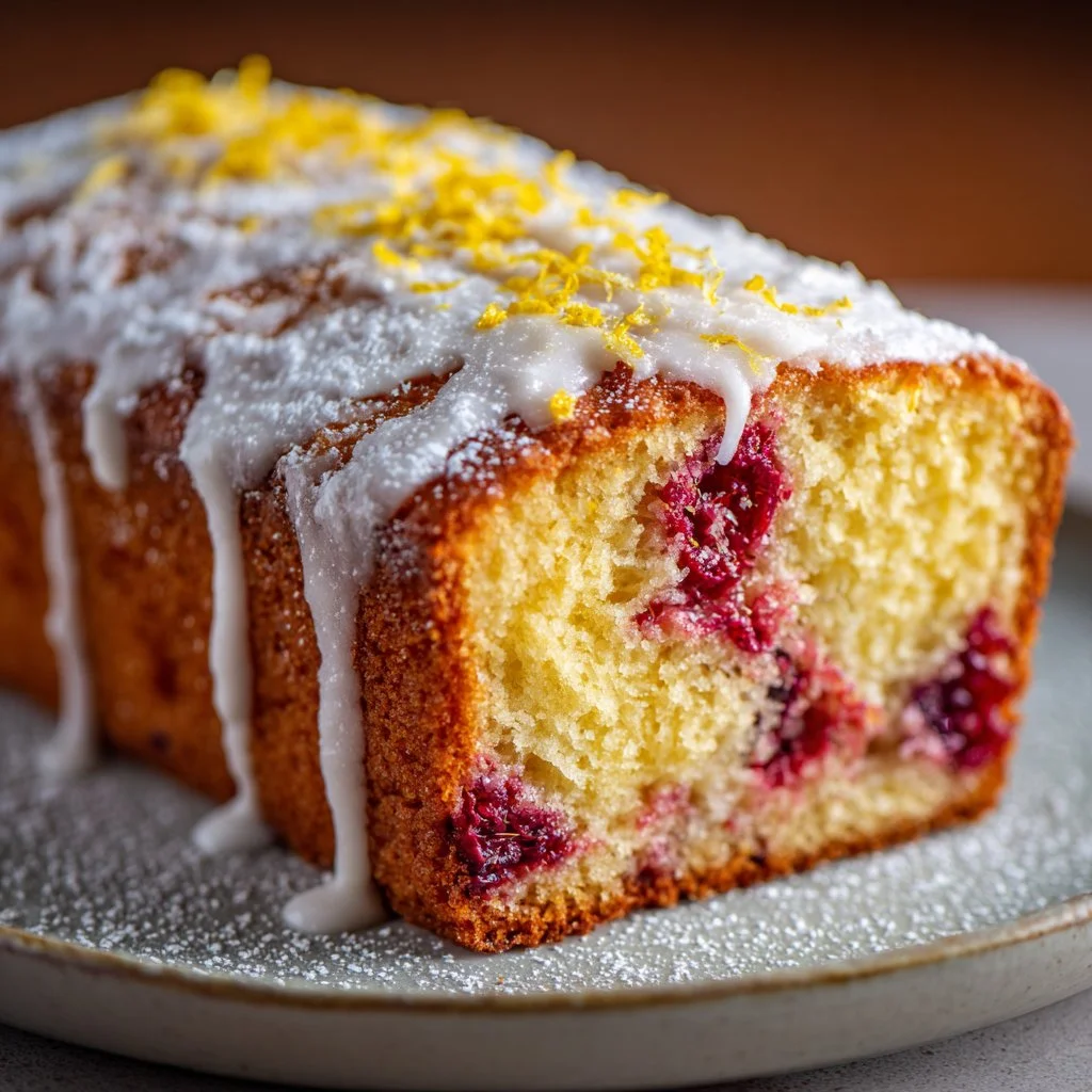 Slice of lemon raspberry cake with vibrant raspberries and lemon zest topping