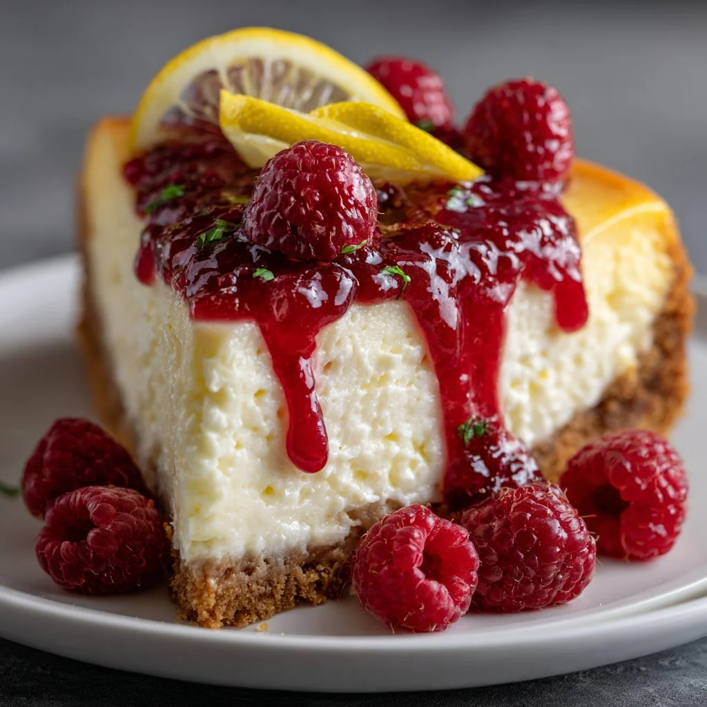 Delicious lemon raspberry cheesecake topped with fresh raspberries and lemon slices.