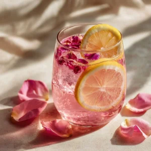 Refreshing Lemon Rose Mocktail served in a glass with garnishes.