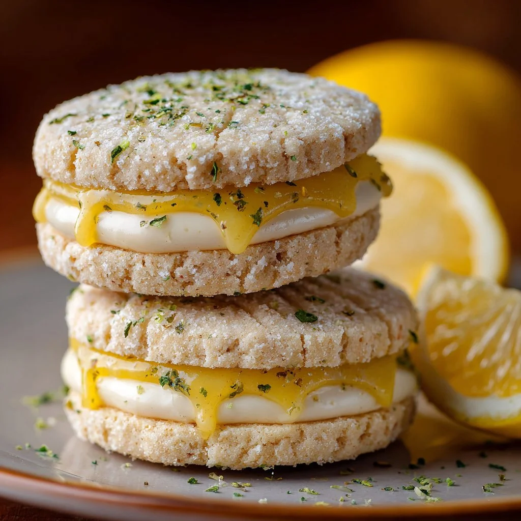 Vegan gluten-free lemon sandwich cookies with lemon curd filling on a plate.