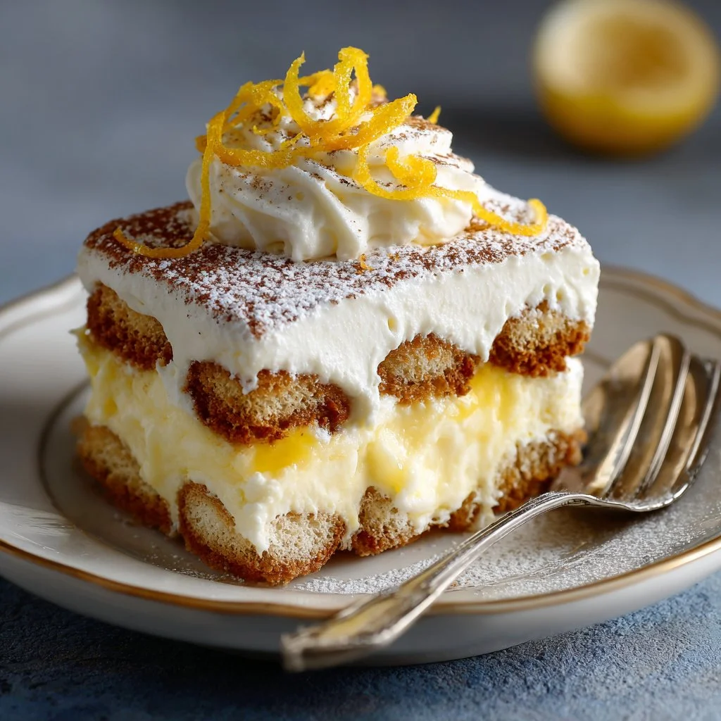 Delicious Lemon Tiramisu dessert garnished with lemon zest and mint leaves.