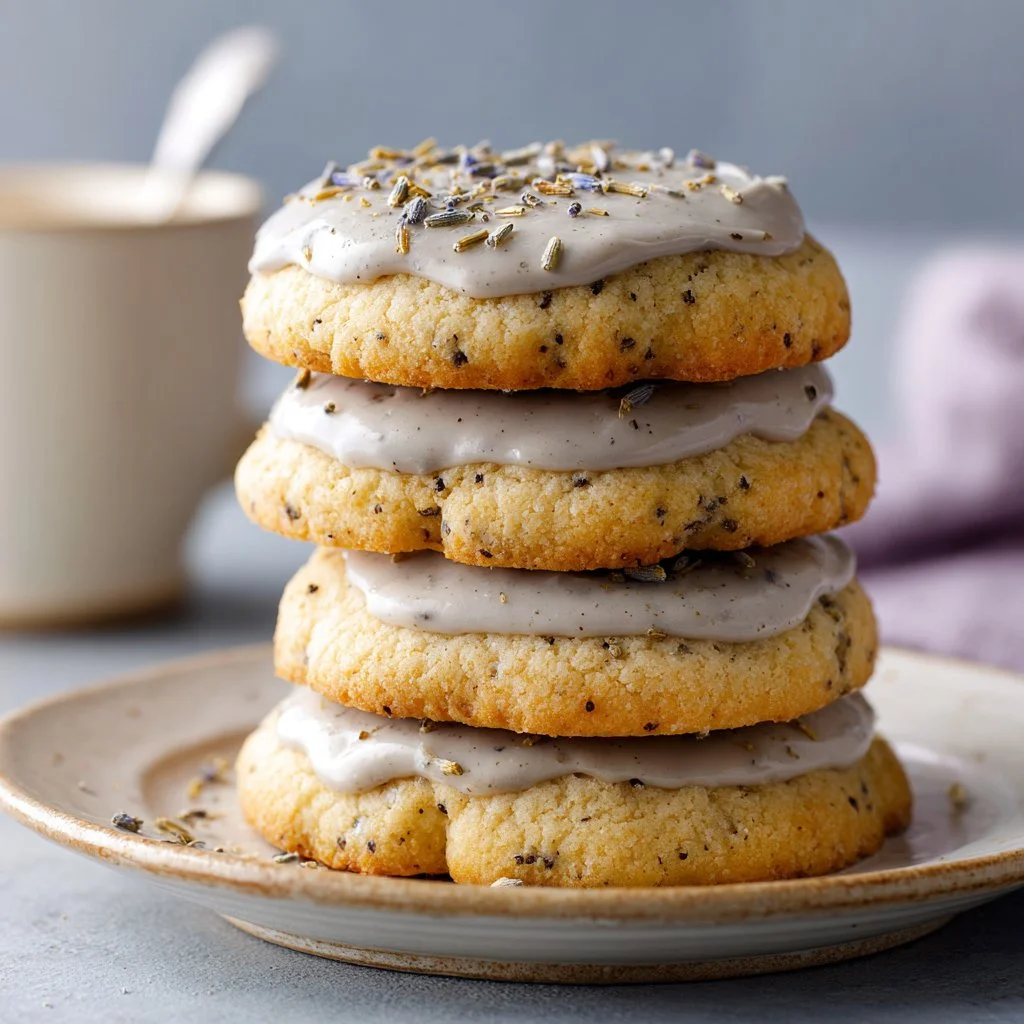 Delicious London Fog Cookies with Lavender Frosting on a decorative plate