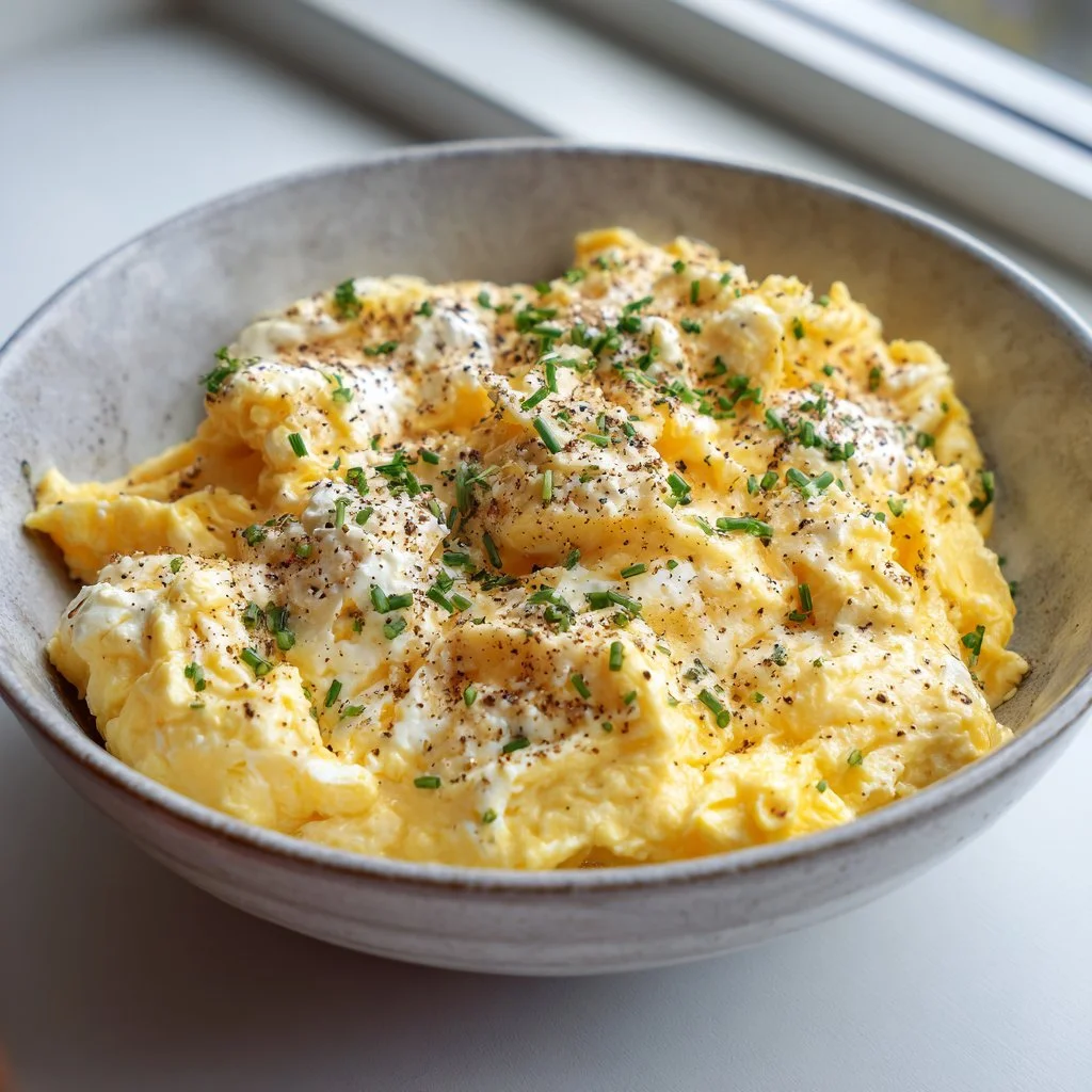 Low-carb high-protein scrambled eggs with cottage cheese on a plate