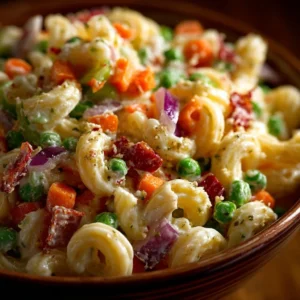 Delicious macaroni salad served in a bowl, perfect for outdoor picnics.