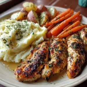 Delicious garlic herb chicken served with mashed potatoes and glazed carrots.