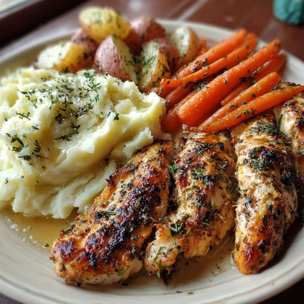 Delicious garlic herb chicken served with mashed potatoes and glazed carrots.