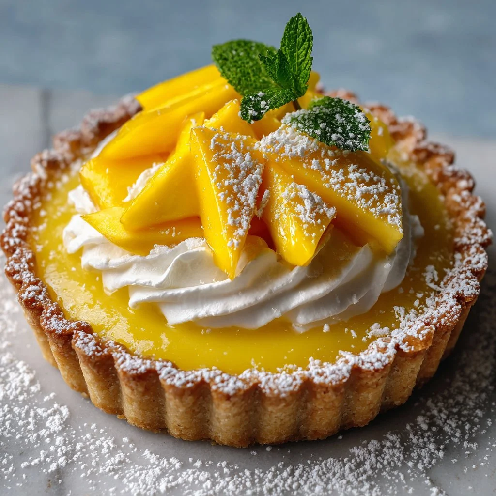 Delicious Mango Curd Tart with smooth mango filling and buttery crust