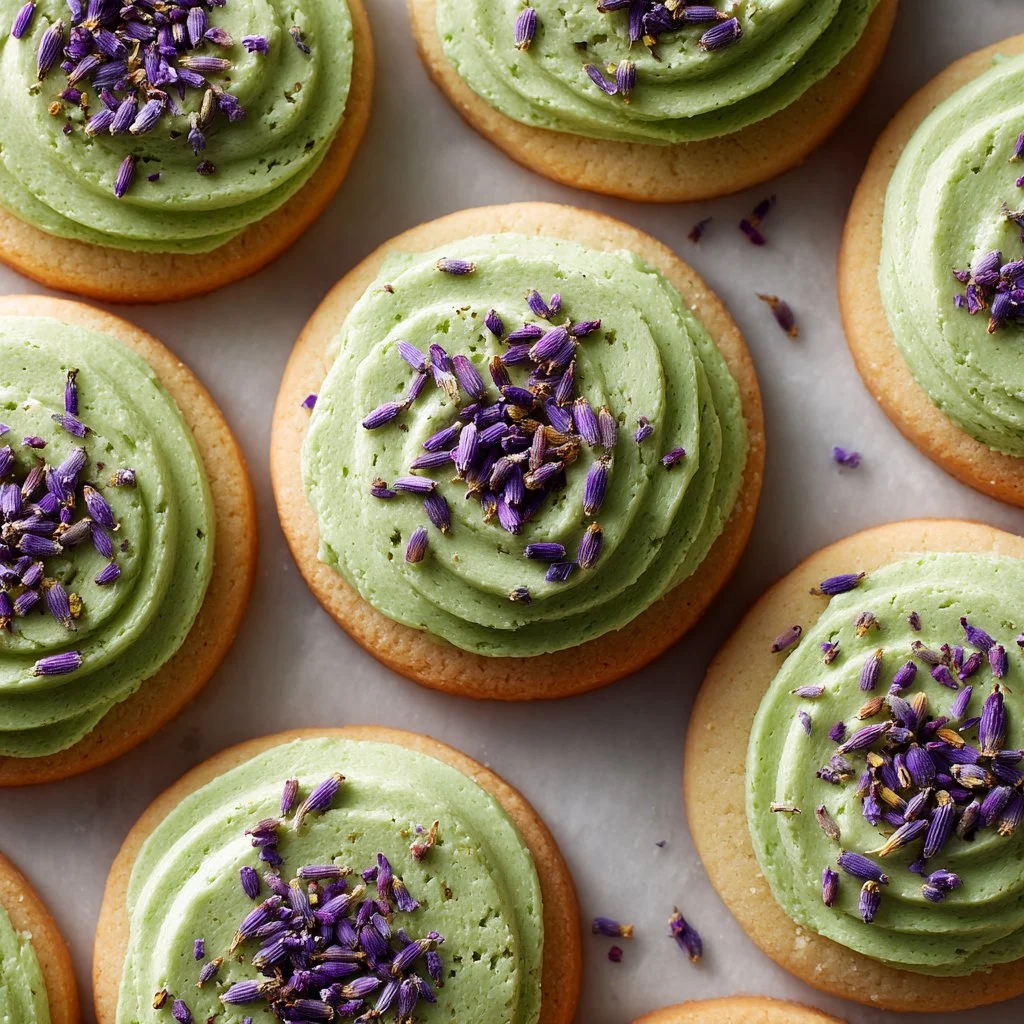 Matcha sugar cookies with lavender frosting on a wooden table.