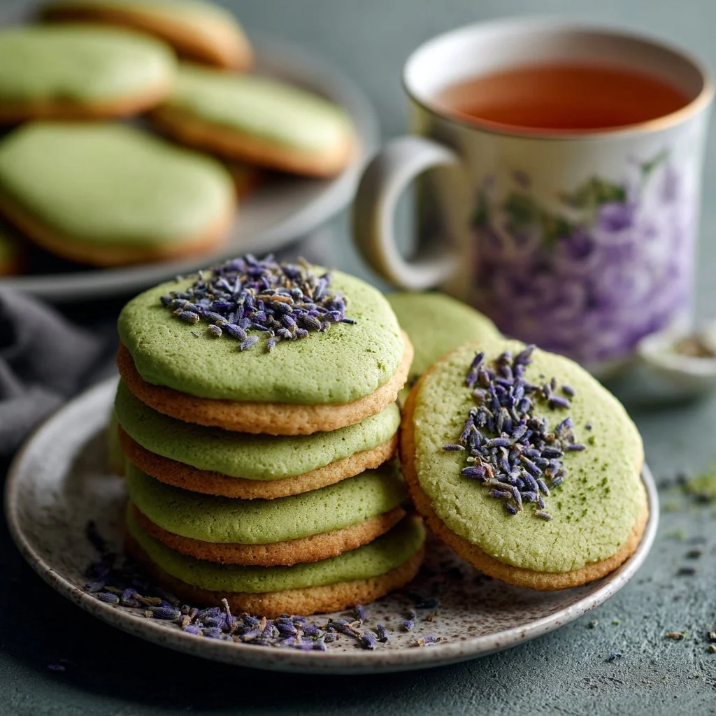 Plate of matcha sugar cookies with lavender frosting on a rustic table.