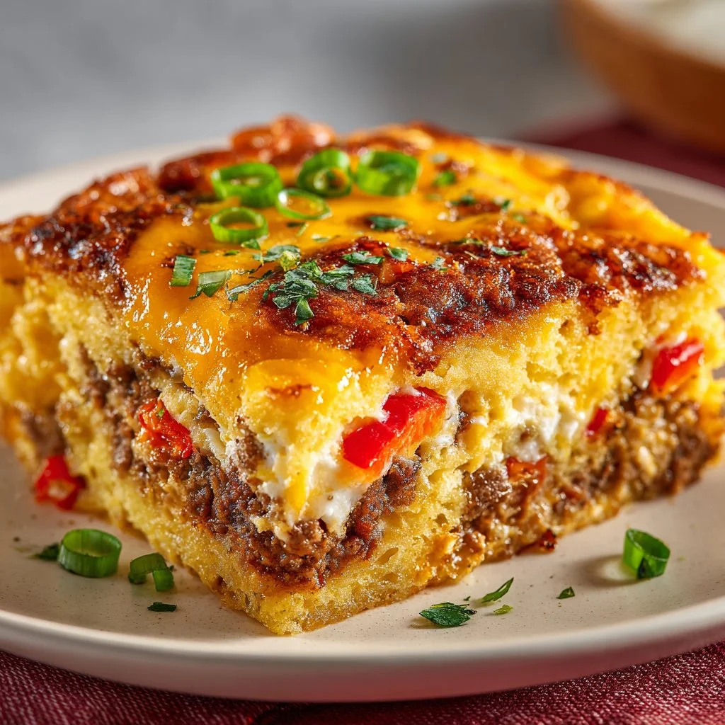 Delicious Mexican breakfast casserole with eggs, cheese, and spices.