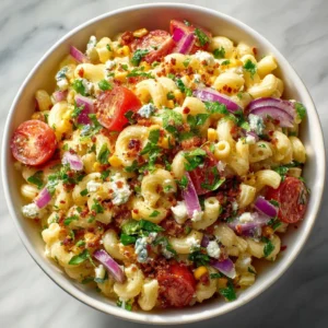 A colorful bowl of Mexican Street Corn Pasta Salad with corn, pasta, and fresh ingredients.