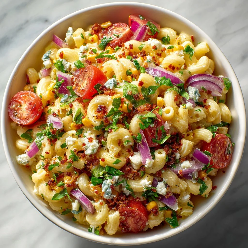 A colorful bowl of Mexican Street Corn Pasta Salad with corn, pasta, and fresh ingredients.