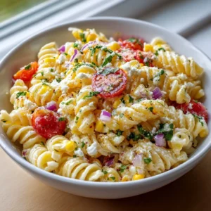 Delicious Mexican street corn pasta salad with vibrant ingredients and dressing.