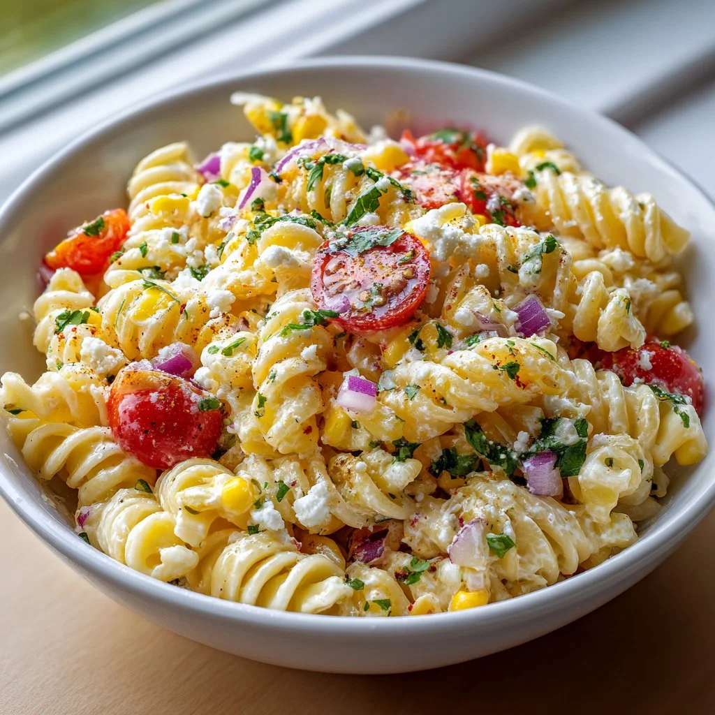 Delicious Mexican street corn pasta salad with vibrant ingredients and dressing.