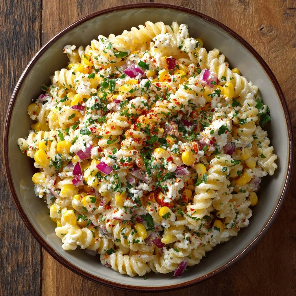 Delicious Mexican street corn pasta salad with vibrant ingredients ready to serve