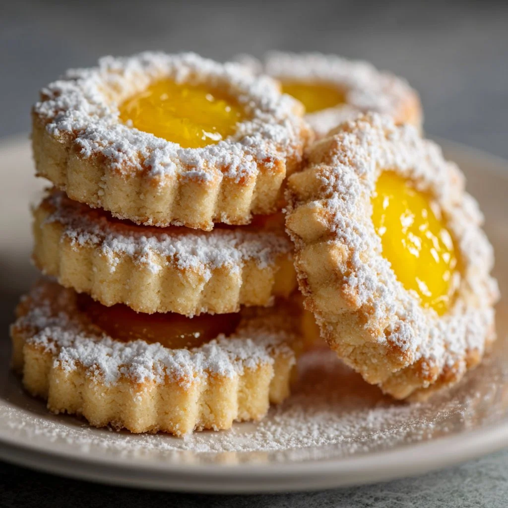 Meyer Lemon Curd Linzer Cookies with citrus glaze on a white plate