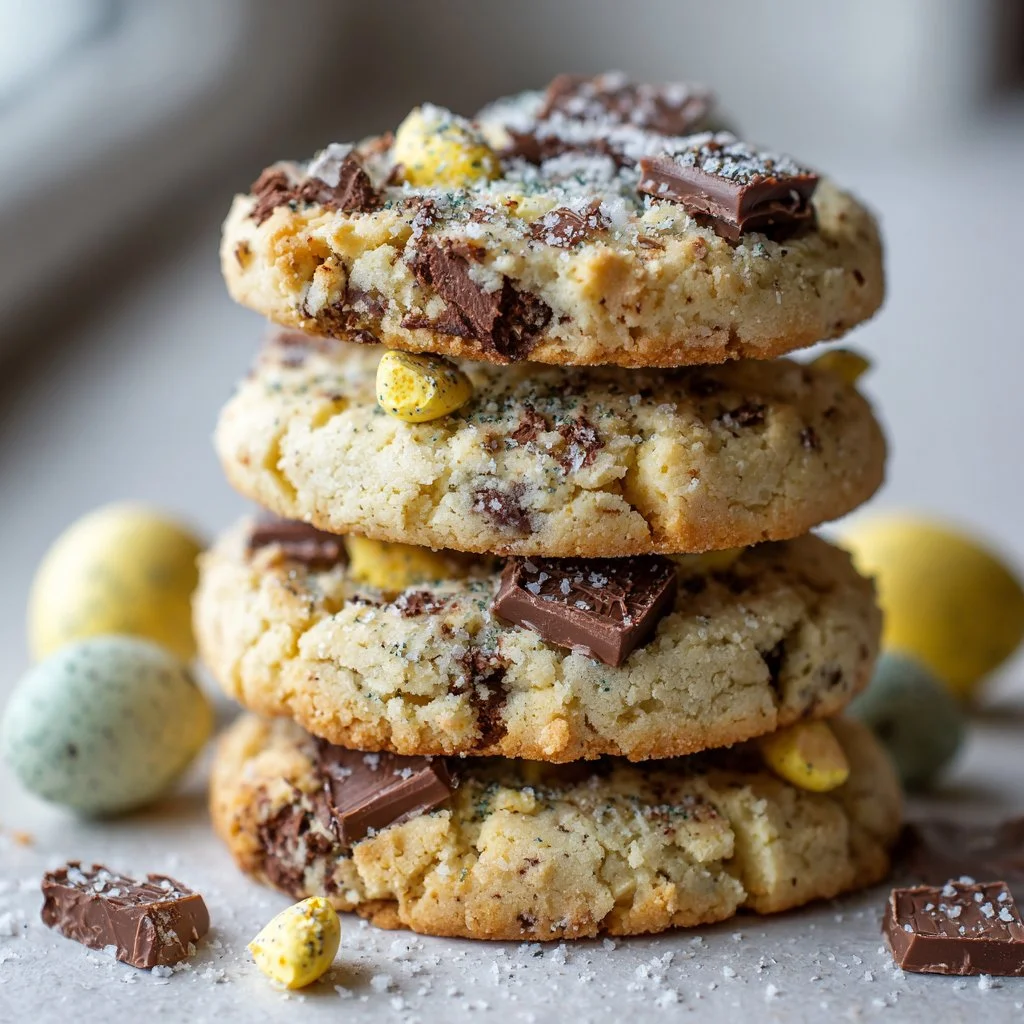 Freshly baked mini egg cookies with colorful chocolate eggs on top
