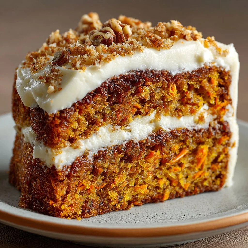 Moist homemade carrot cake with cream cheese frosting on a plate