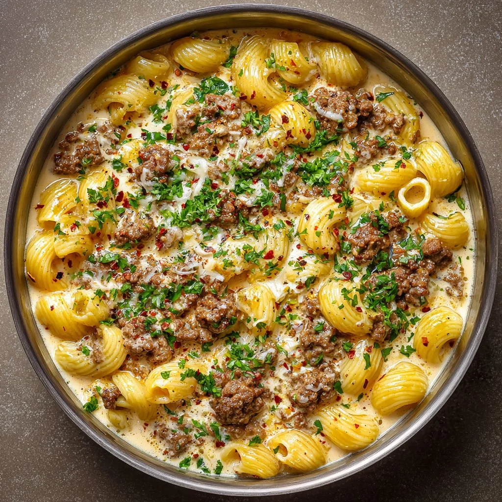 One-Pot Creamy Beef and Garlic Butter Pasta dish served in a bowl.