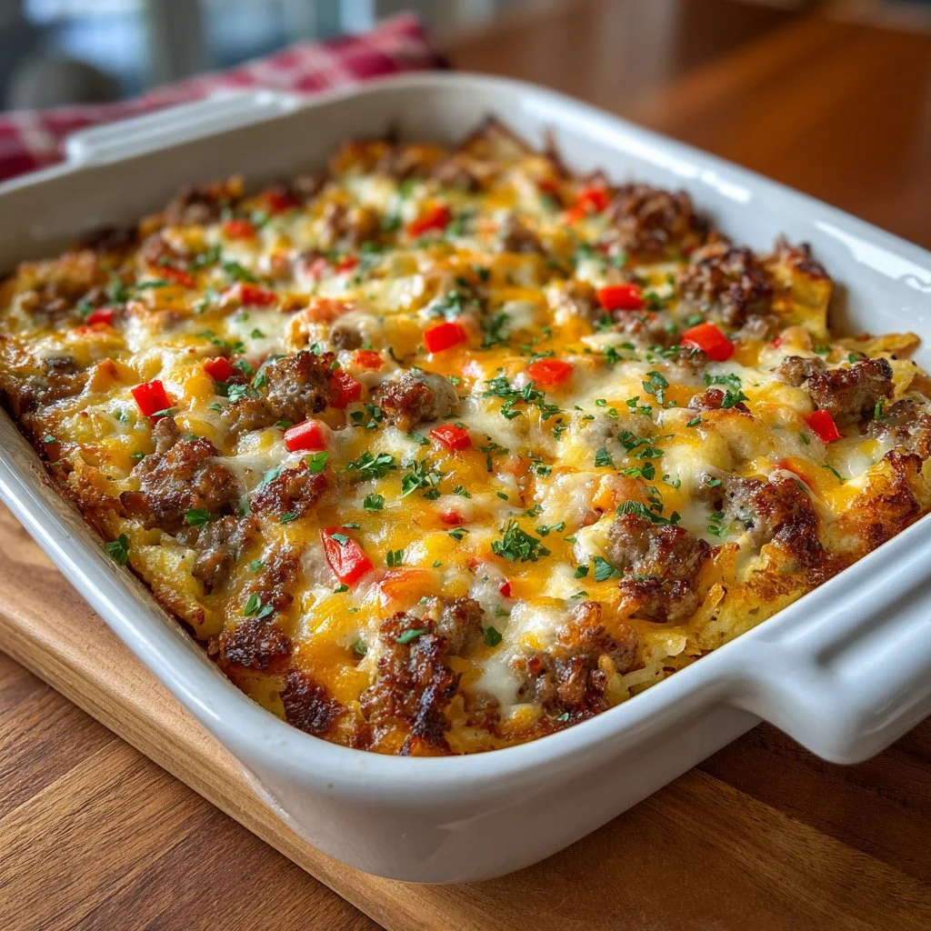 Delicious Overnight Amish Breakfast Casserole ready to serve