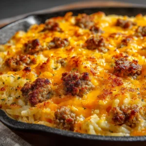 Delicious overnight sausage hashbrown casserole fresh out of the oven