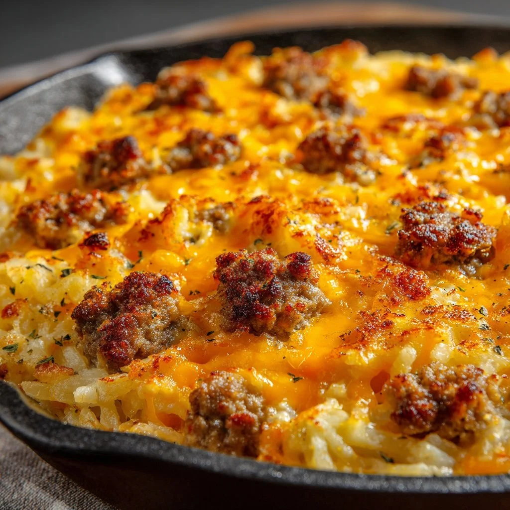 Delicious overnight sausage hashbrown casserole fresh out of the oven