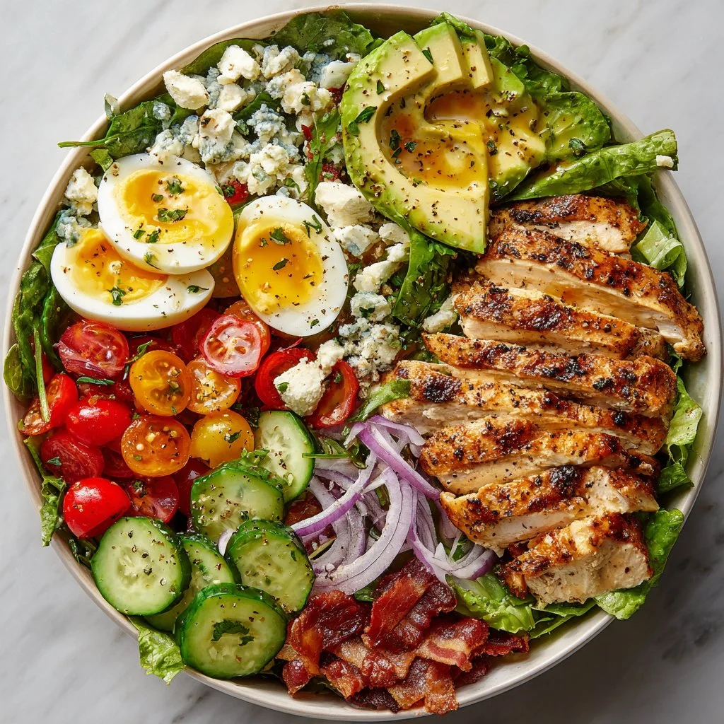 Paleo Grilled Chicken Cobb Salad topped with Honey Dijon Dressing