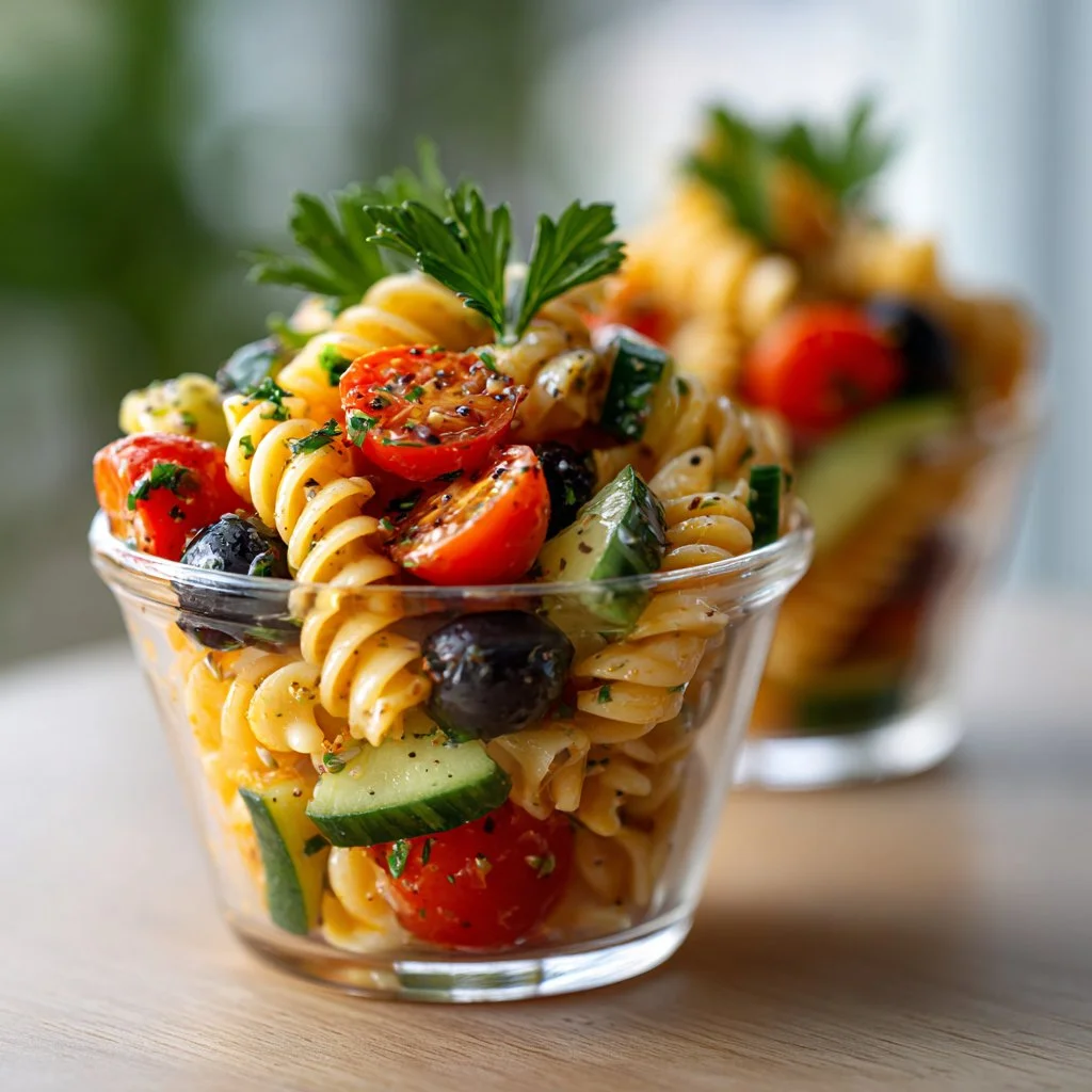 Colorful and appetizing pasta salad cups filled with fresh ingredients.