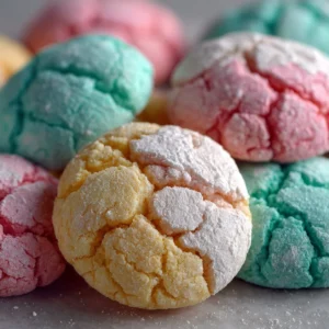 A plate of pastel crinkle cookies dusted with powdered sugar.