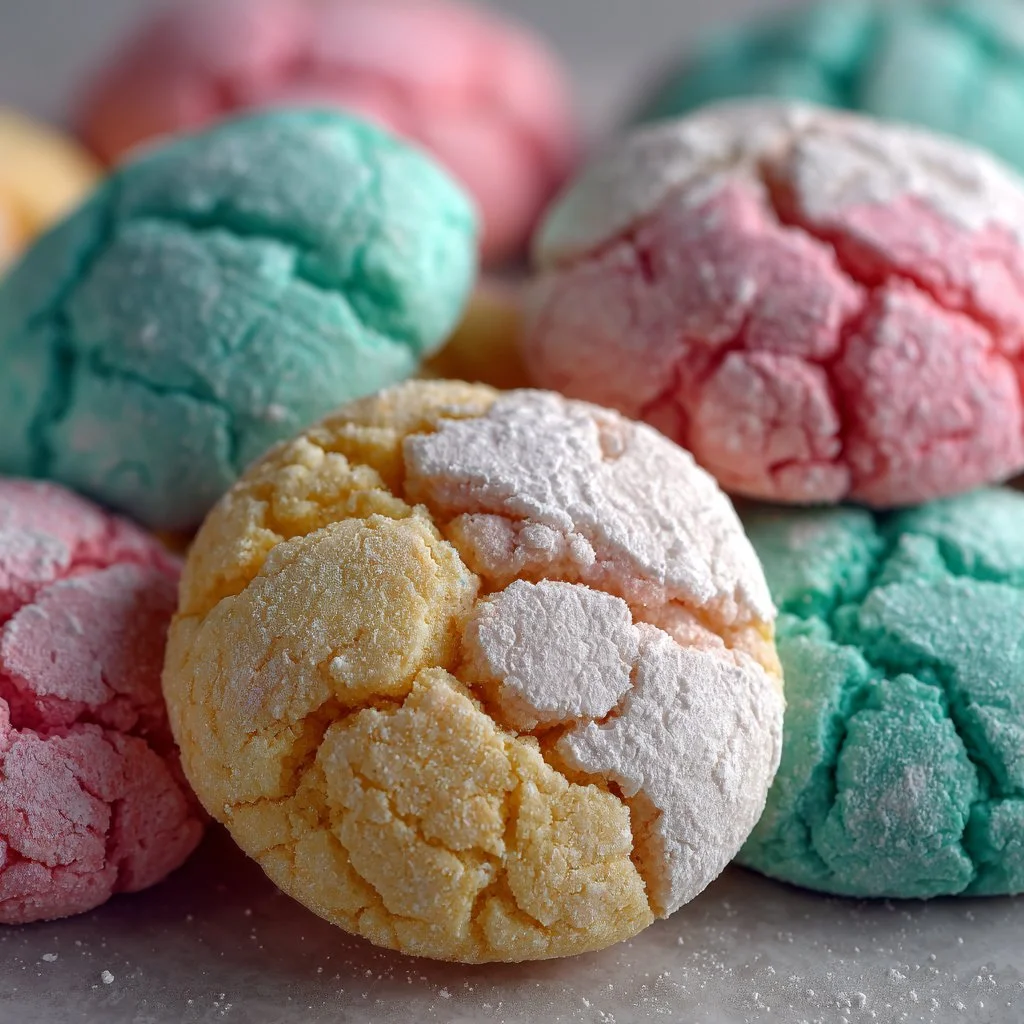 A plate of pastel crinkle cookies dusted with powdered sugar.