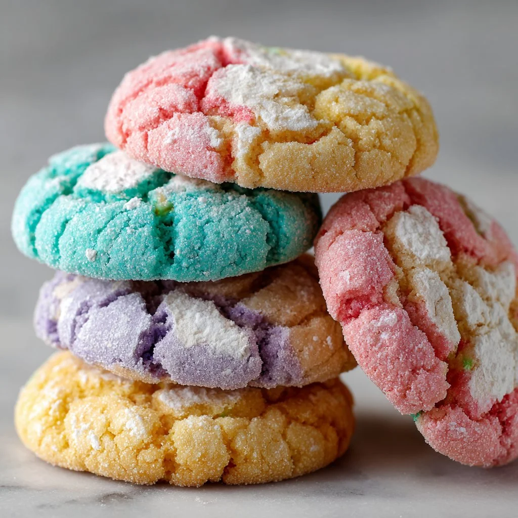 Colorful pastel crinkle cookies on a plate, showcasing their delightful texture.