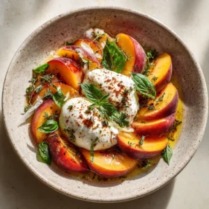 Peach Caprese Salad with Burrata, fresh peaches, mozzarella, and basil