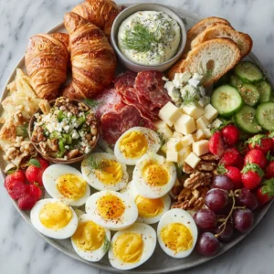 Spring brunch charcuterie board with deviled eggs, pastries, and colorful accompaniments