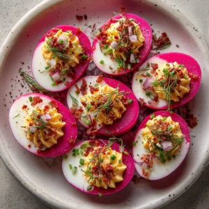 Beautifully garnished pink deviled eggs on a plate