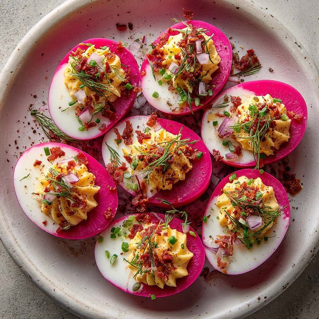 Beautifully garnished pink deviled eggs on a plate
