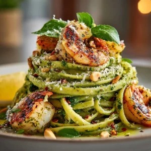 Pesto pasta with grilled shrimp stacked on a plate, garnished with basil.