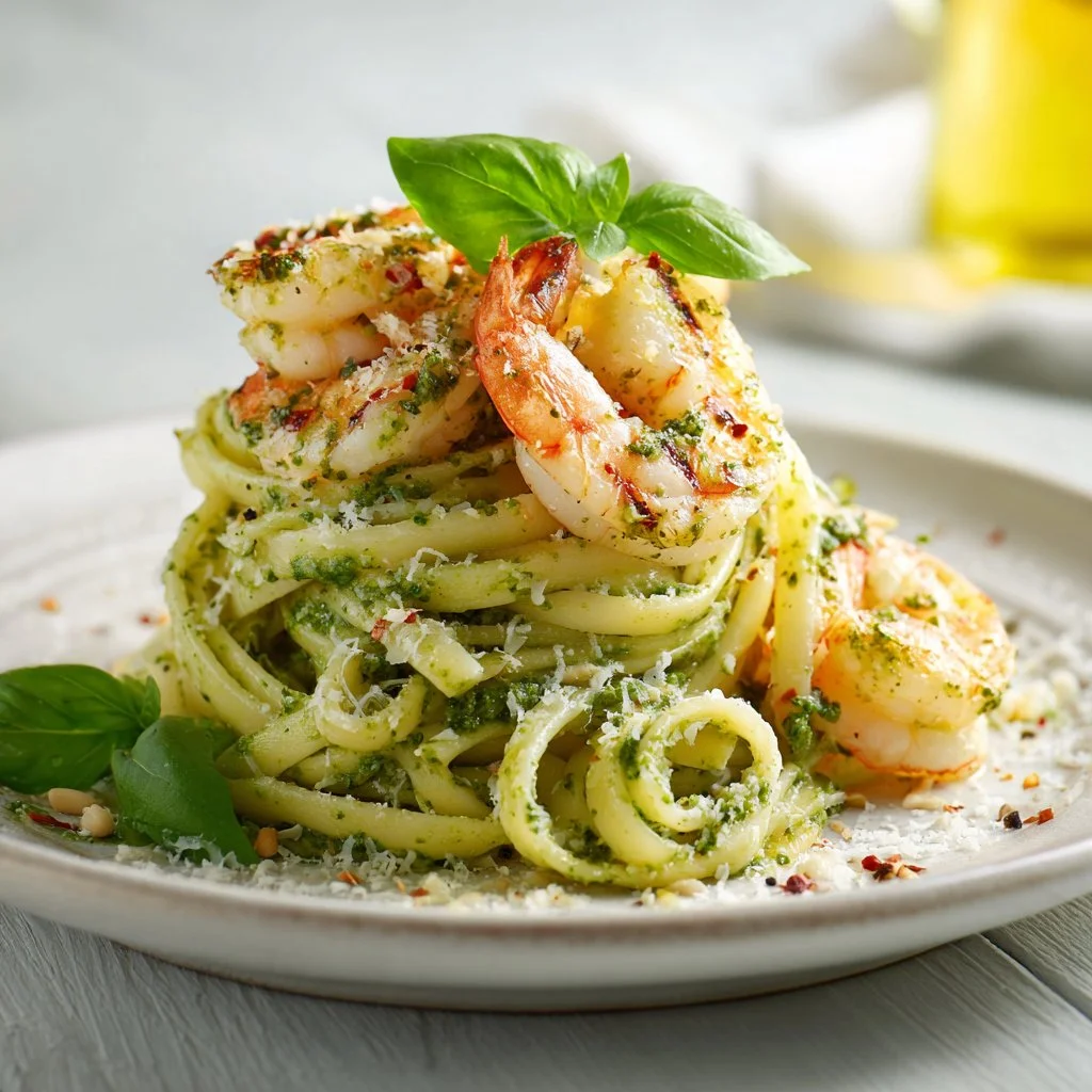 Pesto Pasta and Grilled Shrimp Stack
