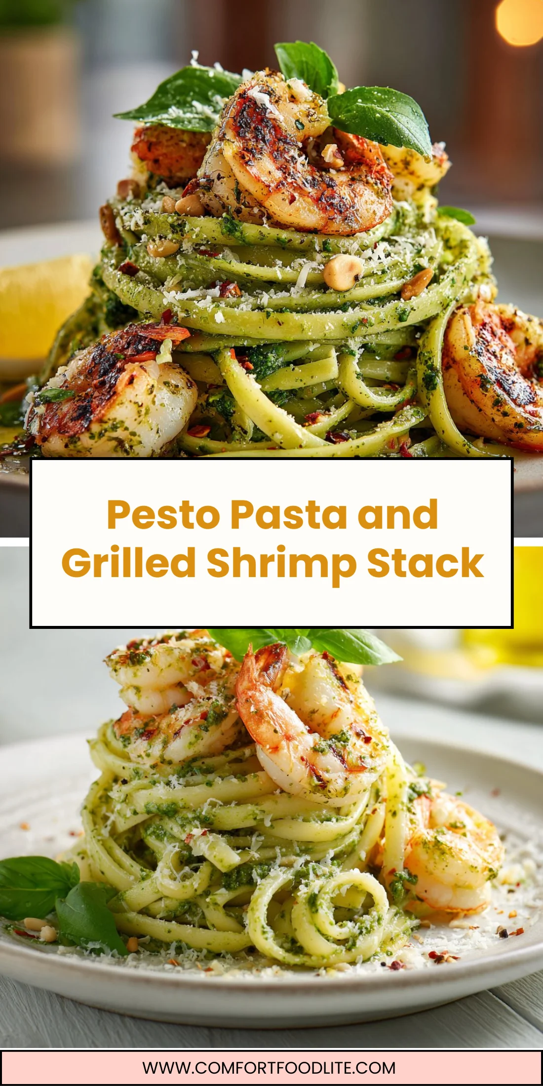 Pesto Pasta and Grilled Shrimp Stack