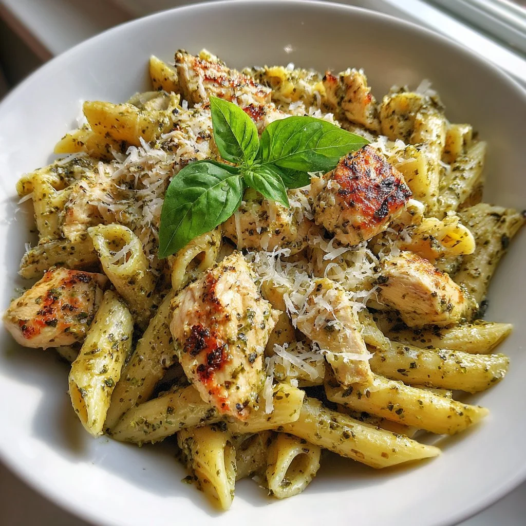 Delicious pesto pasta with grilled chicken and fresh ingredients