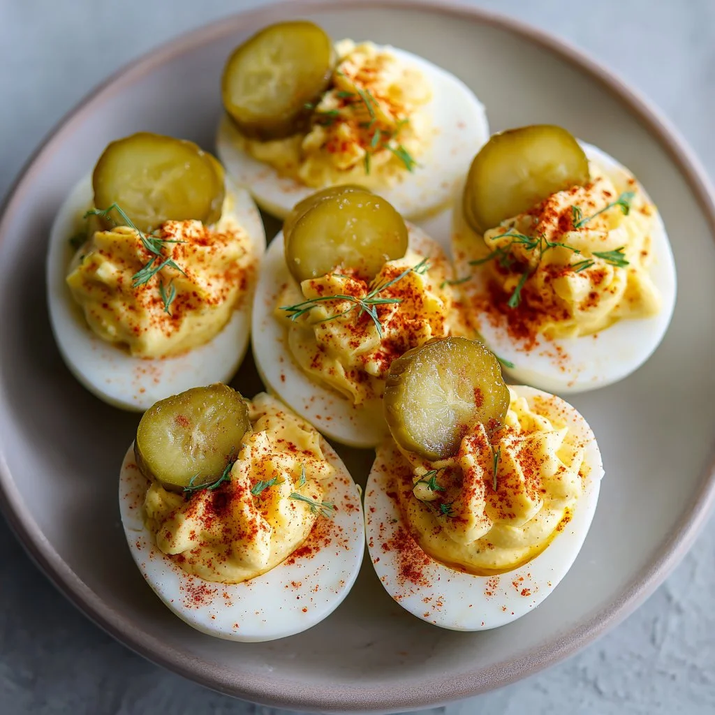 Plate of Pickle Lover Deviled Eggs garnished with pickles and herbs