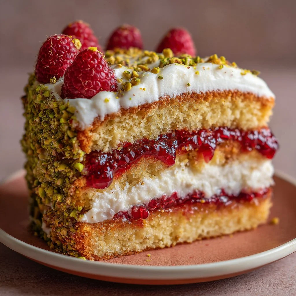 Pistachio layer cake with raspberry jam topping, showcasing layers and vibrant colors.