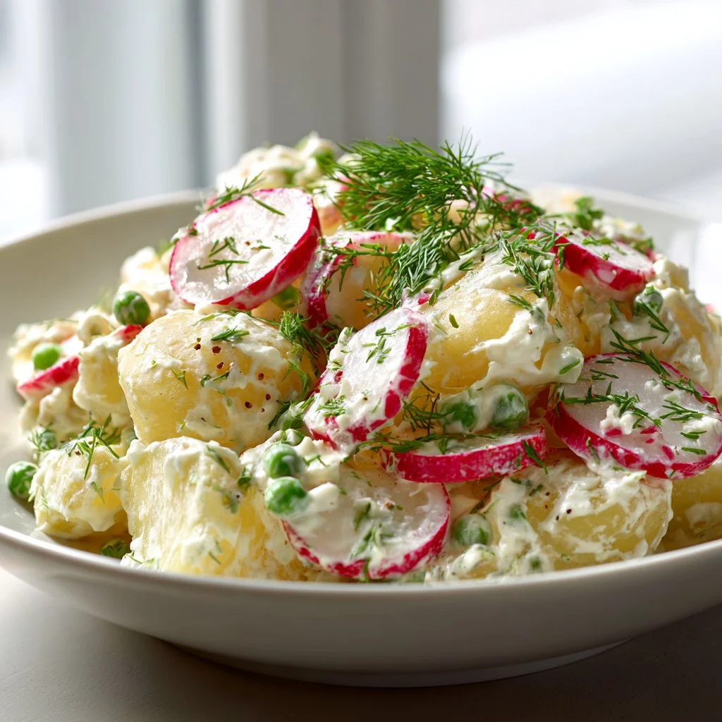 Delicious potato salad with radishes served in a bowl