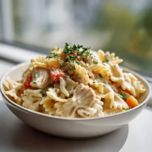 Quick chicken pot pie pasta topped with herbs and flaky crust