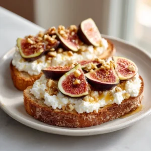 Cottage cheese and fig toast topped with honey and nuts on a wooden board