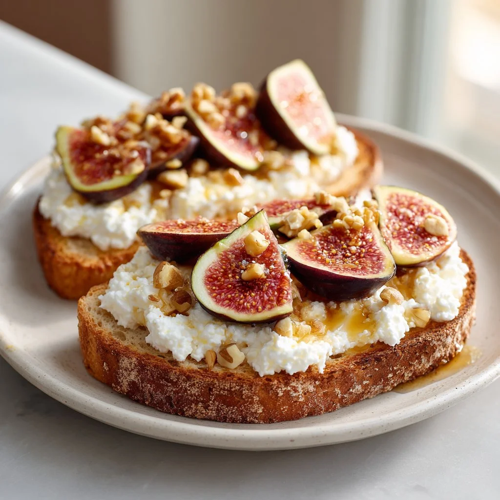Cottage cheese and fig toast topped with honey and nuts on a wooden board